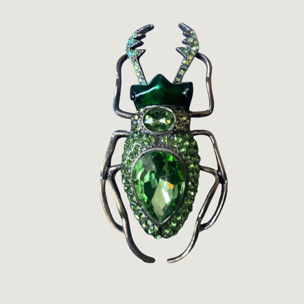 Vintage Style Green Rhinestone Crystal Stag Beetle Insect Brooch Pin